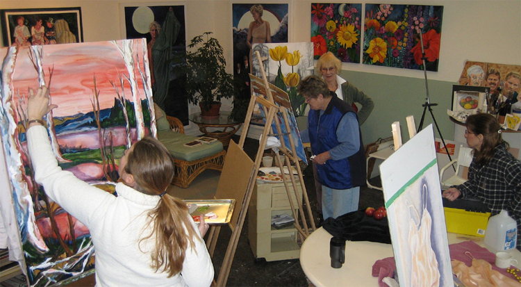 Lenore's art class at work in the studio